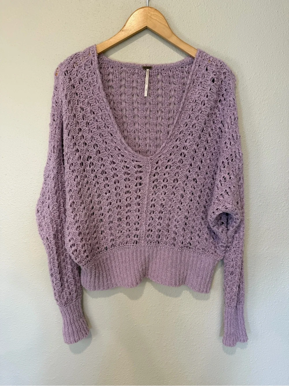 Free People “Best of You” Lavender Open-Knit V-Neck Sweater